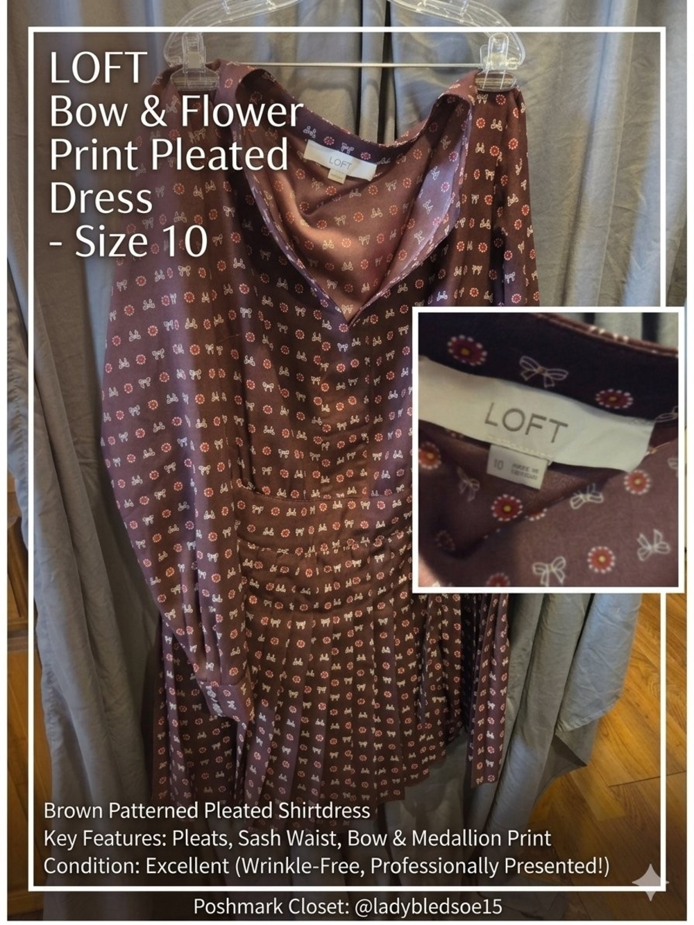 LOFT Brown Floral & Bow Print Pleated Long Sleeve Dress
